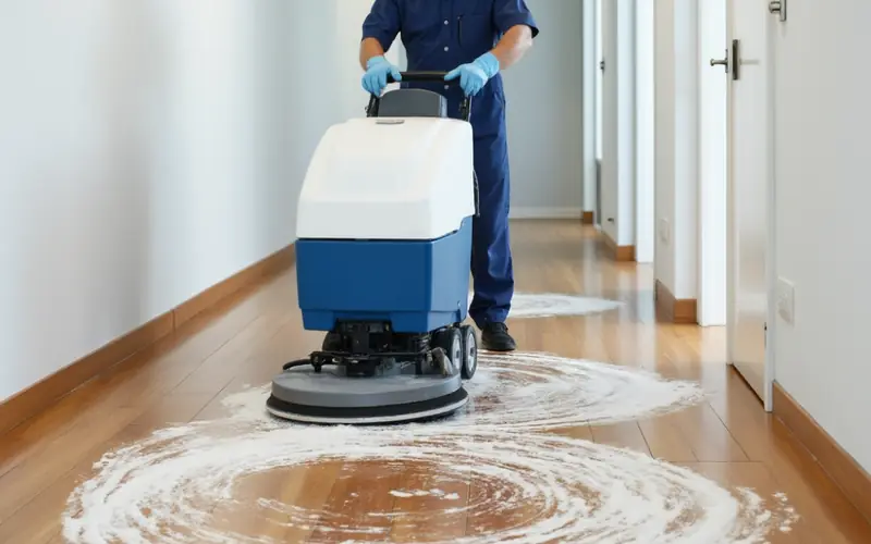 Operario de Seta abrillantando un piso de madera con máquina